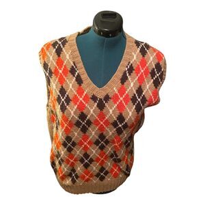 Vintage Handmade Wool Blend Argyle Grandpa Sweater Vest Tan Orange Black L